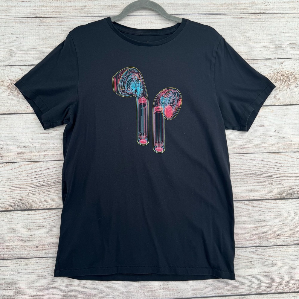 Apple AirPods Graphic T-Shirt Mens Medium Black Neon Wireframe Tech Tee Employee - Picture 1 of 6
